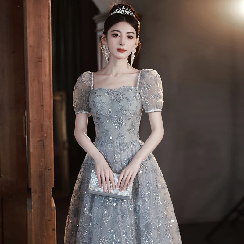 Gray Prom Dresses Long Elegant Square Neck Floor-Length Lace Women Formal Gowns For Wedding Party