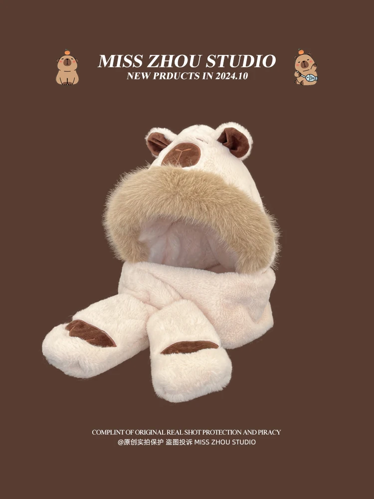 

Bear Gloves Hooded bandanna Cute three-piece ear cap