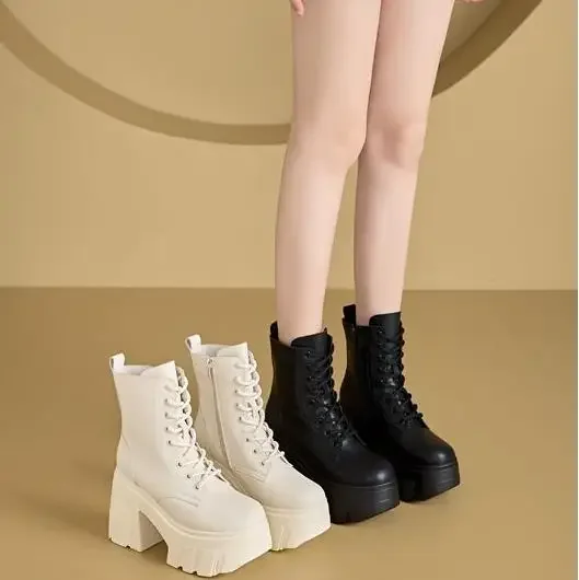 11cm New Microfiber Leather Women High Brand ZIP Increase Casual Ankle Boots Pumps Heels White Shoes Platform Wedge Shoes