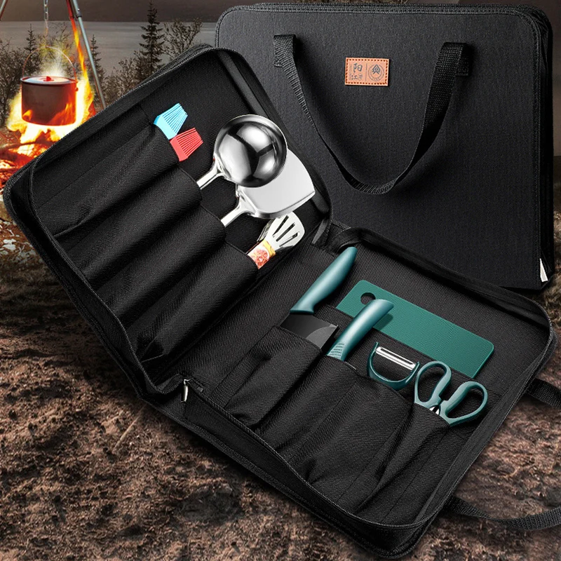 Black 9 Slot Portable Chef Knife Bag Professional Kitchen Utensils Kitchenware Knives Carry Case School Outdoor Travel Pocket