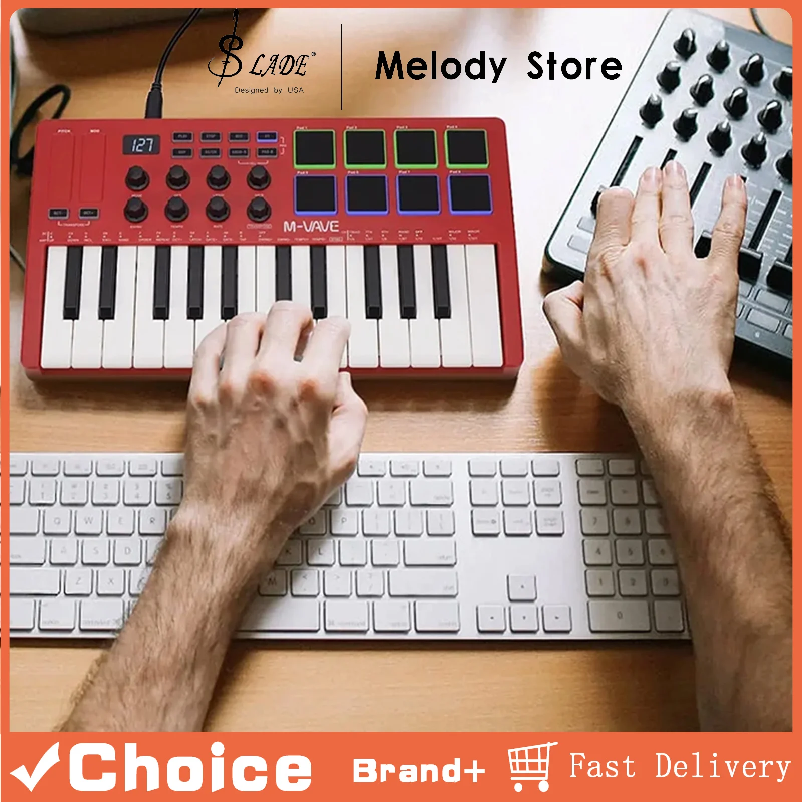 M-VAVE Red 25-Key MIDI Control Keyboard Mini USB Keyboard Controller with 25 Velocity Sensitive Keys 8 RGB Backlit Pads 8 Knobs
