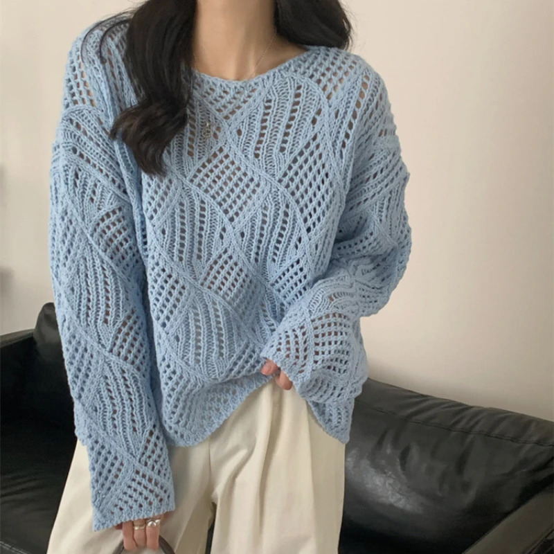 

2023 Spring/summer round neck hollow solid color casual all-match sweater