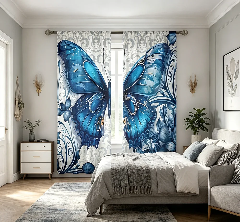 2PCS Digital Printed Curtains, Fantasy Blue Butterfly Pattern, Magical Fairy Tale Style for Living Room Bedroom Girls Room Decor