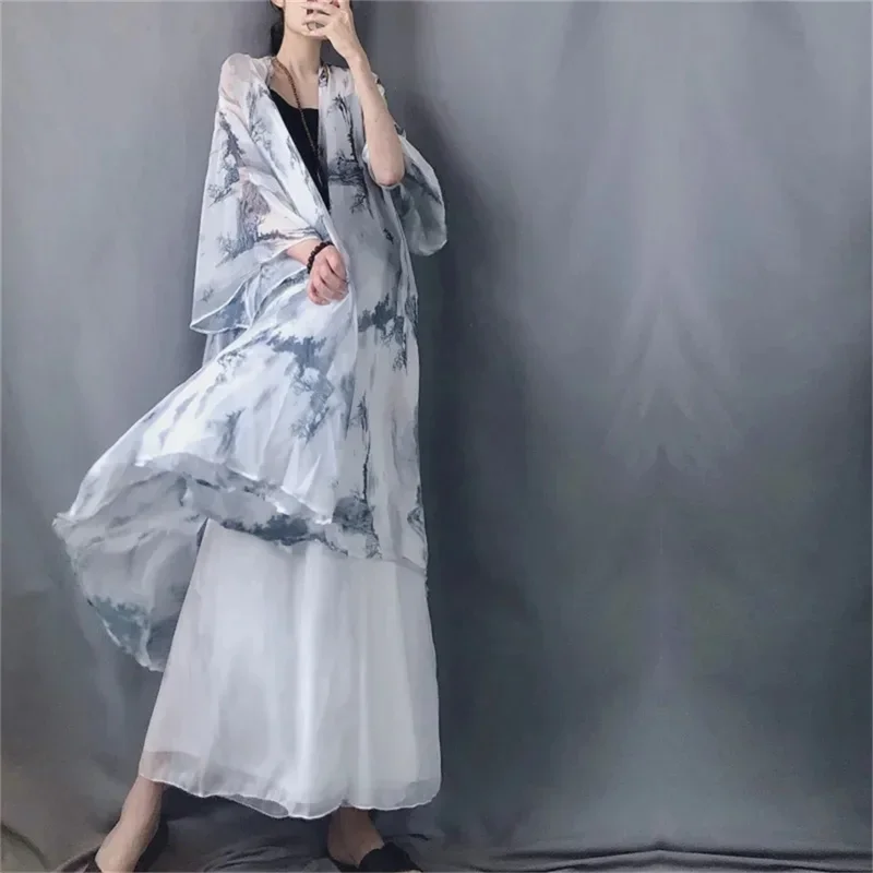 Vintage Buttonless Sun Protection Large Jacket with Ink Painting Loose Three Quarter Sleeves Chiffon Elegant LightThin Cardigan