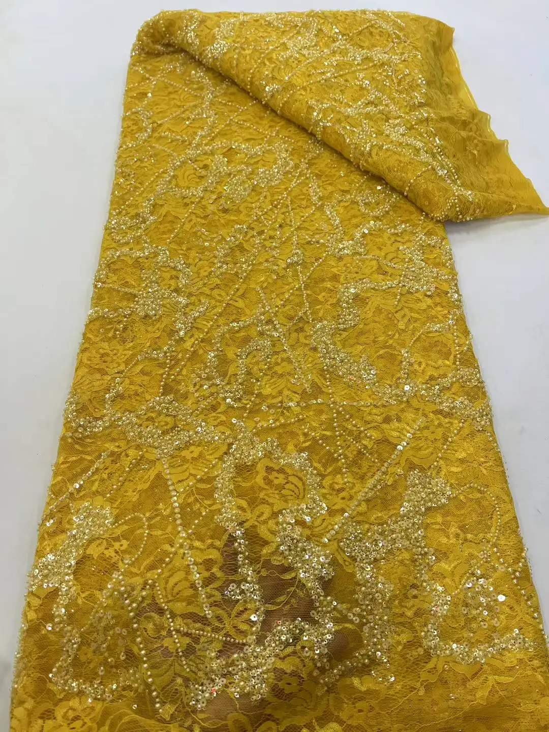 5 Yards African Bridal Lace Fabric with Sequins Beaded Embroidery High Quality French Tulle for Wedding Groom Nigerian Style