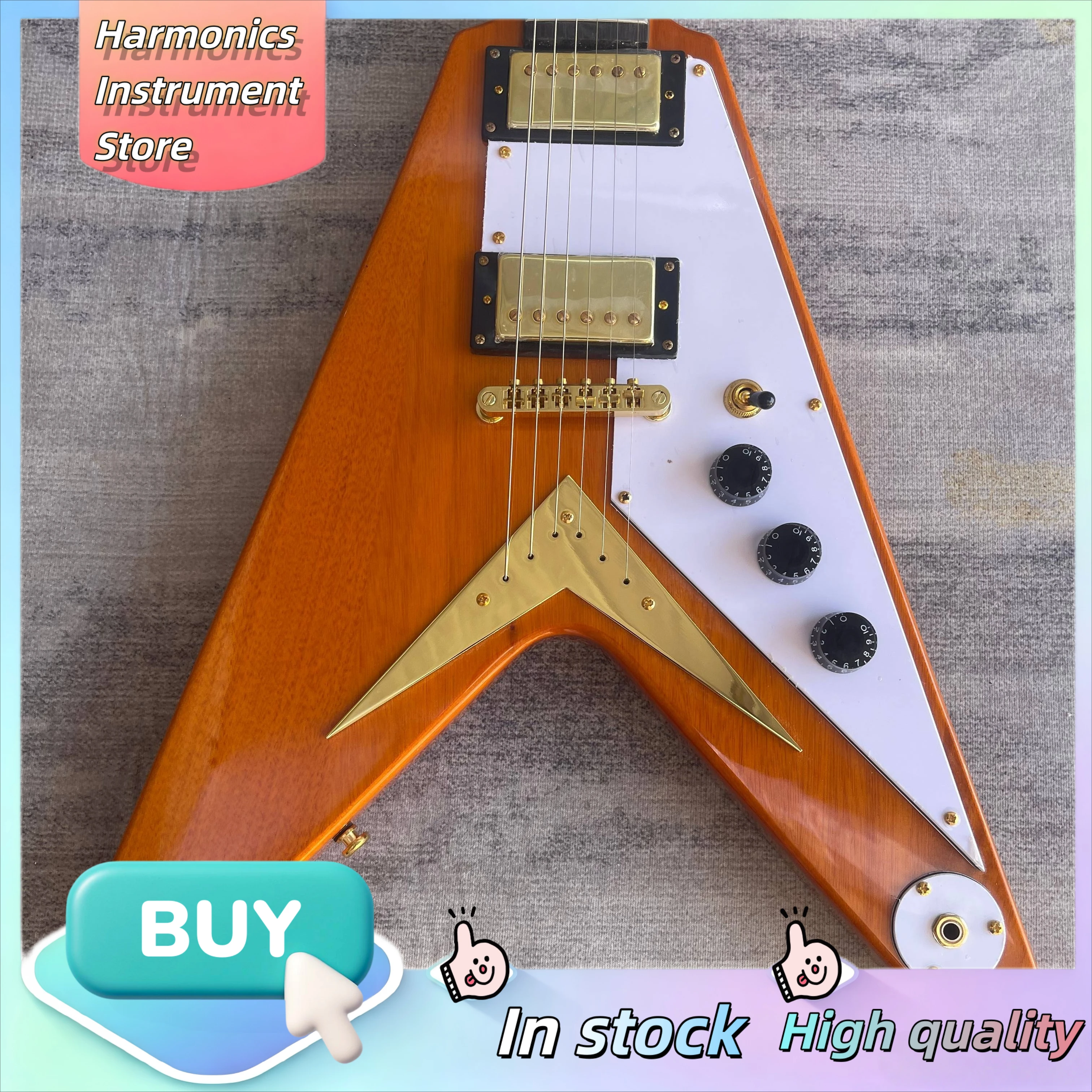 1958 Flying V V-Shape Electric Guitar, Natural White & Gold HH Pickups Hot Selling Hard Rock Fork Guitar