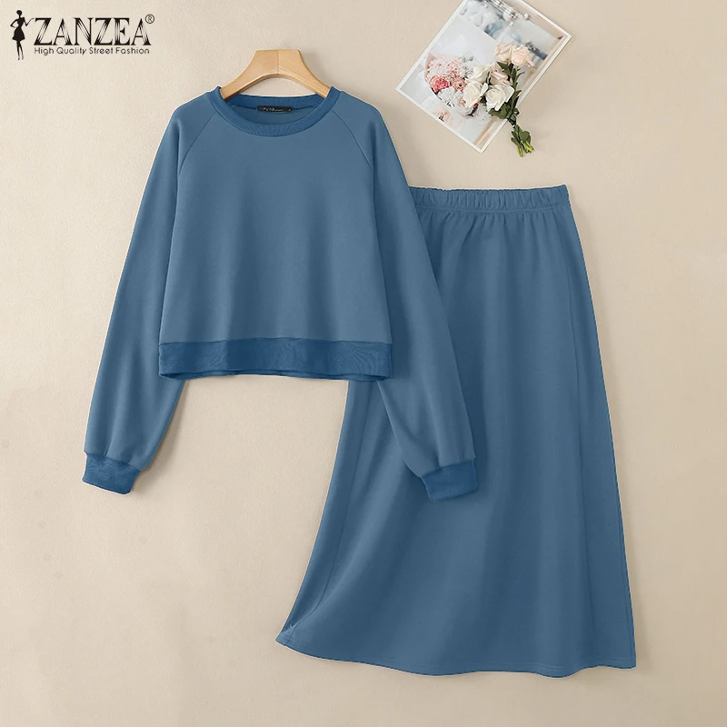 ชุดเซ็ตแฟชั่นผู้หญิง ZANZEA 2026 ชุดลำลอง 2 ชิ้น เสื้อแขนยาวและกระโปรงยาวเอวสูง ชุดลำลองสีพื้นแบบหลวม