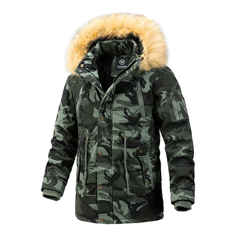 

Winter Hooded New Men's Cotton Jacket with Medium Long Collar Casual Camouflage Thickened Parka High-quality Outdoor Men's Coat