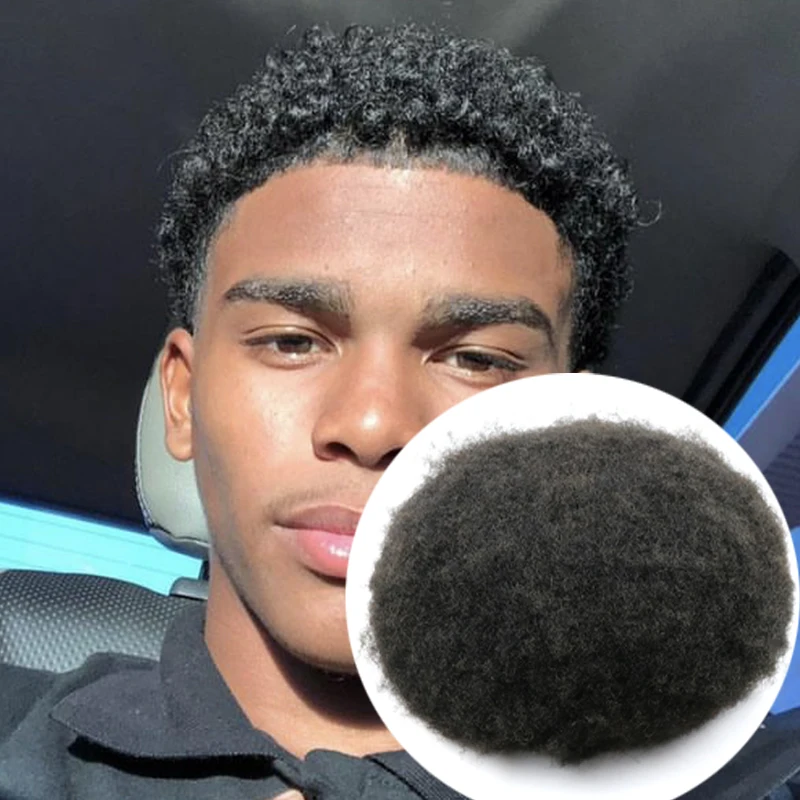 Durable Full Skin Afro Curly Toupee for Men 100% Human Hair African American 4mm 6mm Jet Black Male Prosthesis with Knots