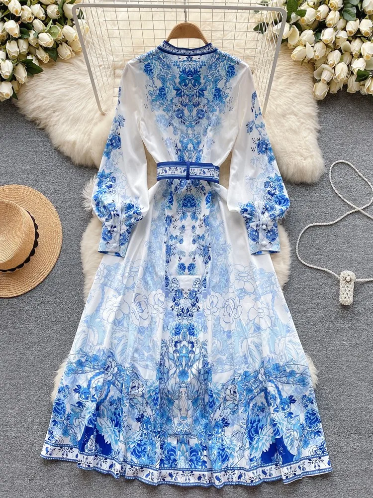 New Fashion Women Long Elegant Dress Lady Palace Attire Elegant National Style Printed Dresses Woman Vintage Long Holiday Rober