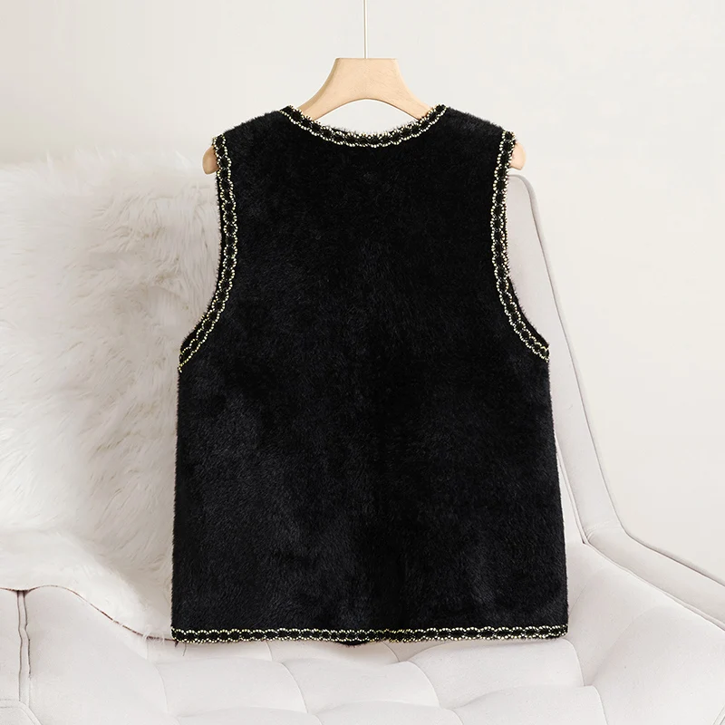 Glittery Contrast Trim Knit Vest with Pocket Pearl Button Brush Sleeveless Cardigan Sweater Women Fall Winter Classic Outfit