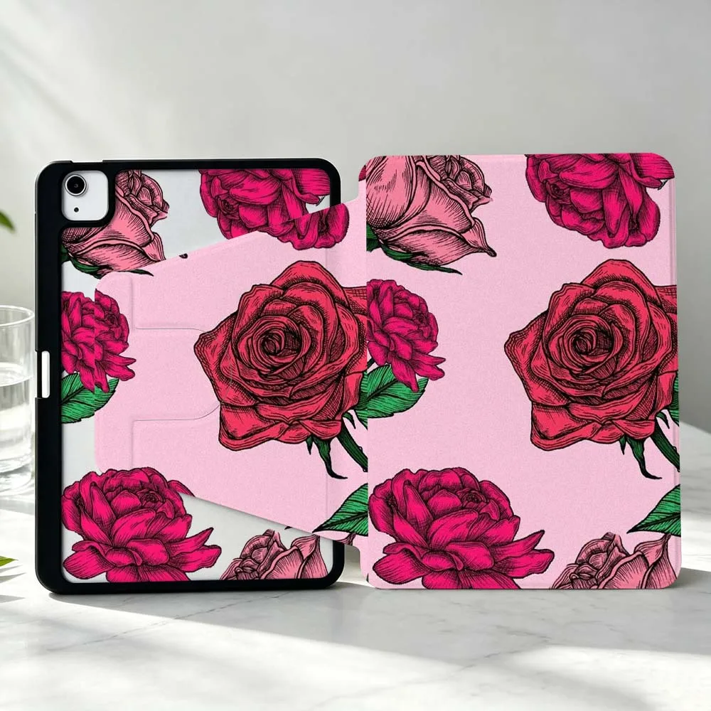 Design Rose Pattern Soft For iPad Pro Air mini 6 5 4 12th M5 M4 M3 M2 A16 A17Pro 360° Rotation Stylus Storage Tablet Case