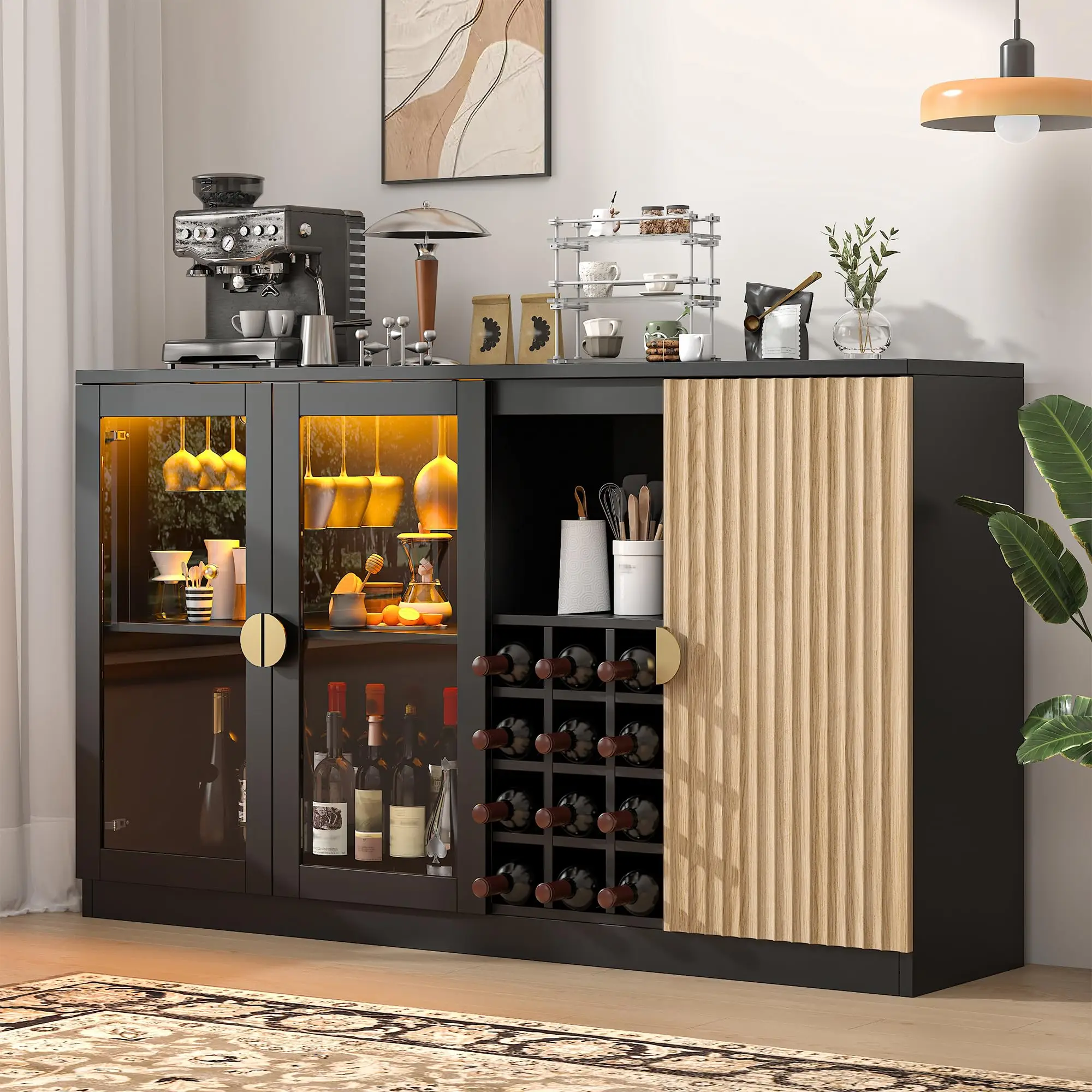 

Modern Black 55-Inch Bar Cabinet With LED Lighting, 12-Bottle Wine Rack, And Glass Display For Home Bar, Dining Or Living Room