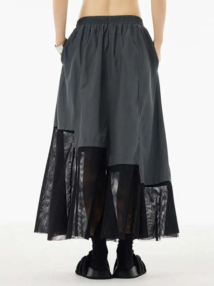 High Elastic Waist Gray Pocket Mesh Color-block A-line Half-body Skirt Women Fashion Tide New Spring Autumn