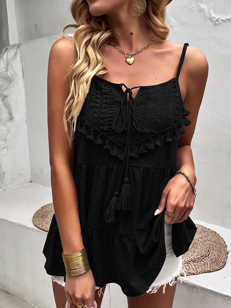 KHALEE YOSE Boho Vintage Chic Crochet Blouse Shirt Sleeveless Summer Strappy Holiday Shirt Women Tassels Casual Beach Ladies Top