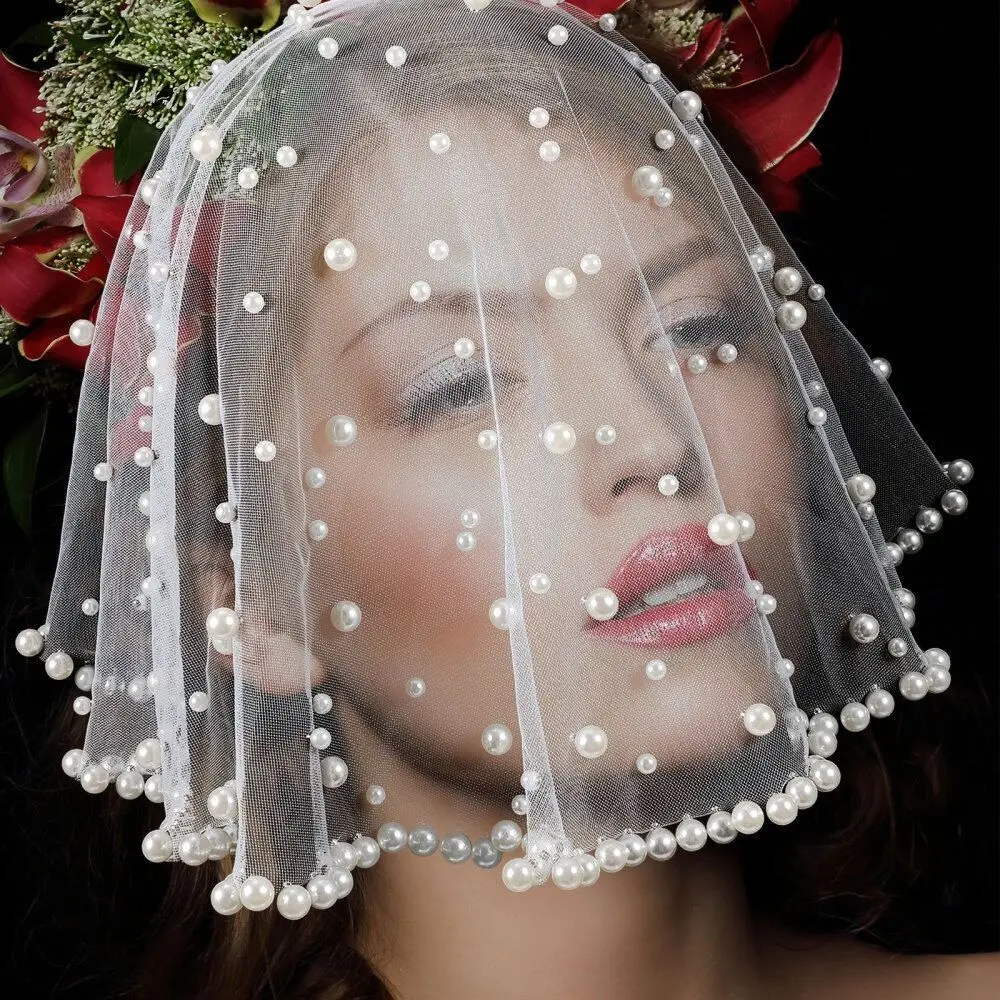 Novas pérolas contas noivas véu francês curto véus de casamento branco preto vermelho tule cabeça da noiva gaze headpieces