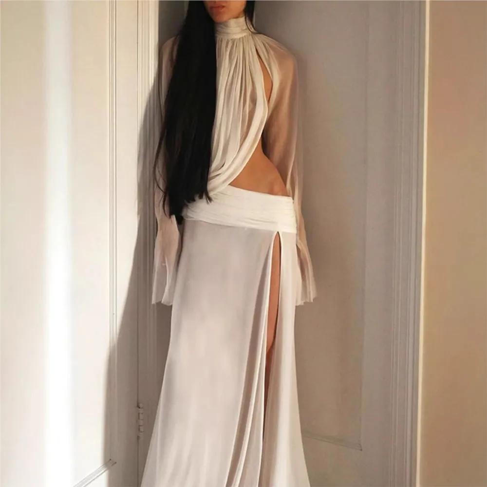 

Hollow Slit Dress Three-dimensional Pleated Stacked Cuffs Summer Spring Summer Women's Decoration High Collar Side Waist Dress