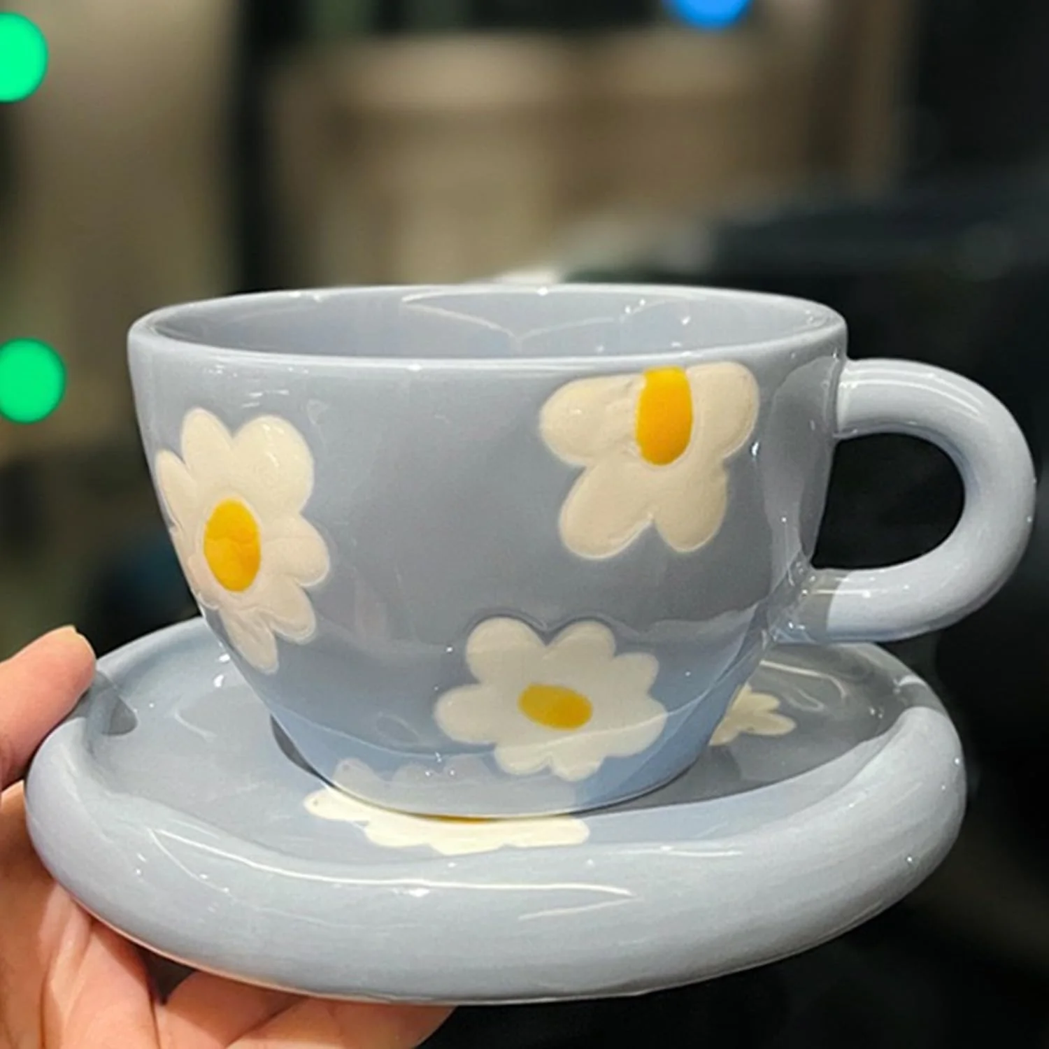 Koffiemokken set met schotel blauwe bloemen beker cadeaus voor vrouwen verjaardag thee koffiemok met onderzetter 250ML keramische beker verjaardagscadeau