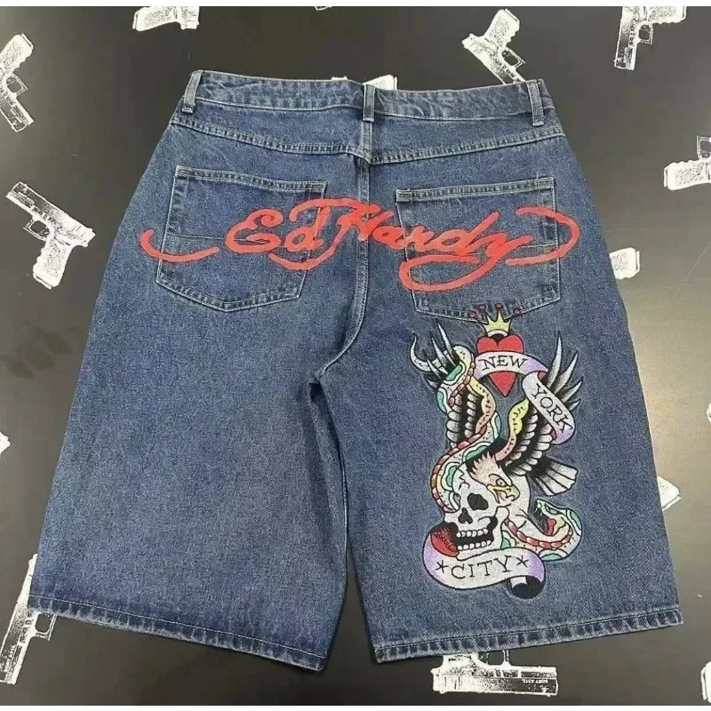 Celana pendek Denim olahraga longgar musim panas celana pendek huruf mode baru pria celana pendek Retro Harajuku Hip Hop celana kaki lebar Streetwear