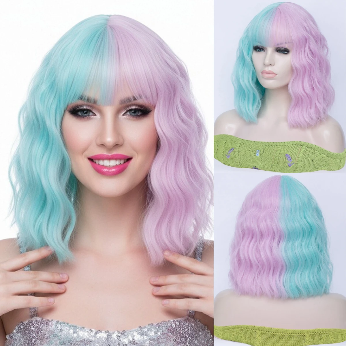 

Synthetic Cyan Purple Mixed Wig Two Tone Wig Curly Short Wig With Bangs Heat Resistant Fiber For Women Daily Cosplay Party