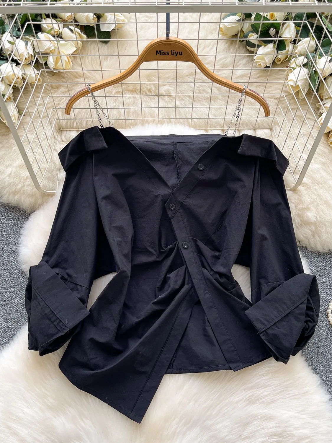 Casual Sle Long Sve Oulder Bared Strap Irt Vielseitiges, faionable Herbstoberteil für Damen, hautfreundlich, atmungsaktiv, Polyester...