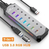 Hub USB 3,0 de alta velocidad, divisor 7 en 1, interruptores de alimentación individuales, concentrador USB 3,0 de aluminio RGB para juegos, accesorios para ordenador portátil y PC