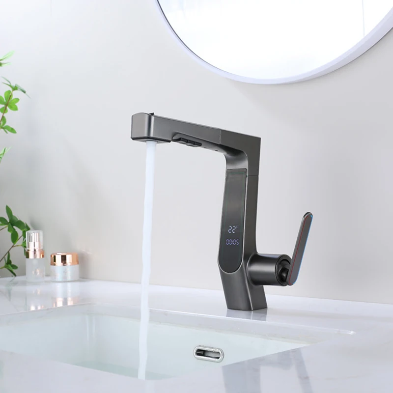 

Bathroom Three Modes Pull Out Sink Faucet 1 Hole Lavatory Basin Sink Faucet Deck Mounted One Handle Hot and Cold Mixer Tap Gray