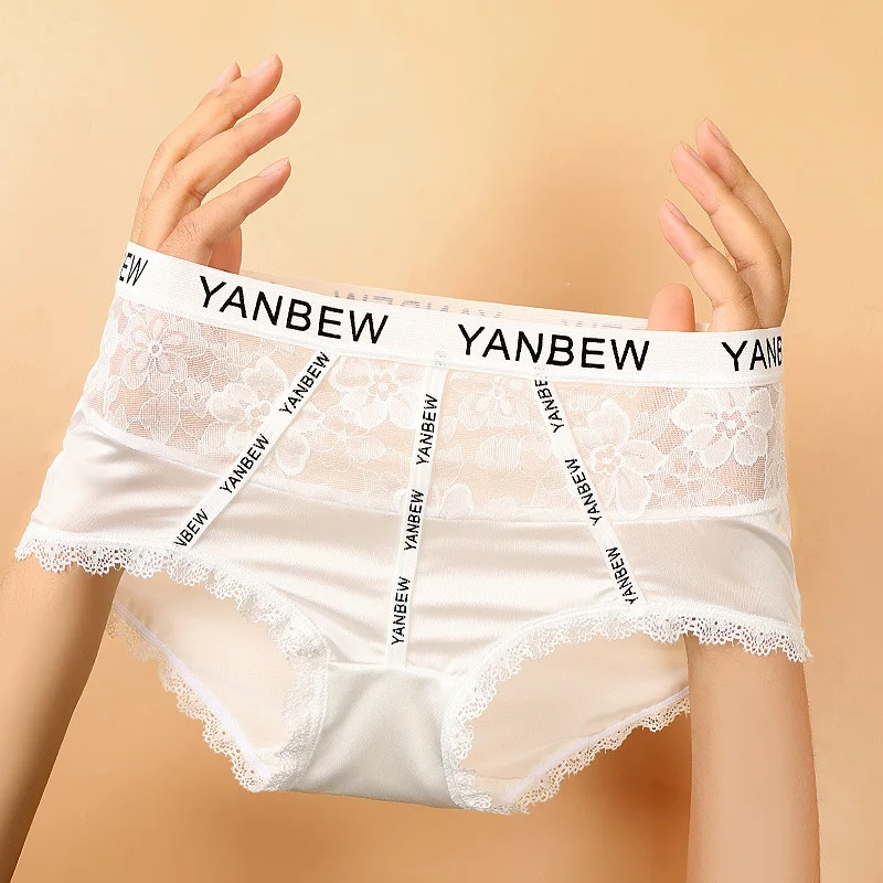 Luxury Satin Women\'s Panties Mid Waist Ice Silk Underwear Lingerie Trend Ladies Lace Briefs Girls Breathable Triangle Underpants