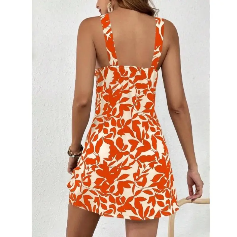 Faionable Summer Le Print Strapl ort Dr Ne Hanging No-Sve Women's Dr Polyester Material A-Line Skirt