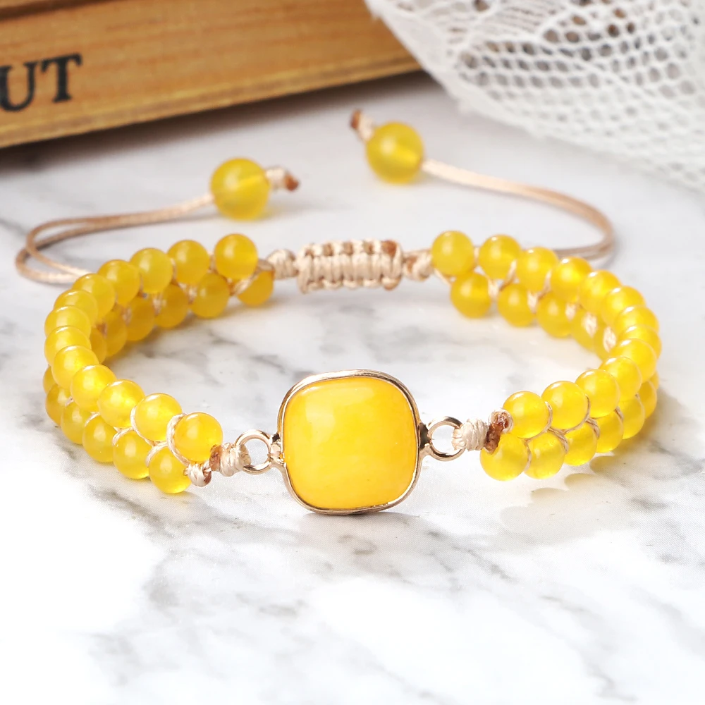 Natural Stone Pendant Bracelet Round Square Yellow Chalcedony 4mm Bead Braided Rope Fashion Charm Bangles For Woman Man Jewelry