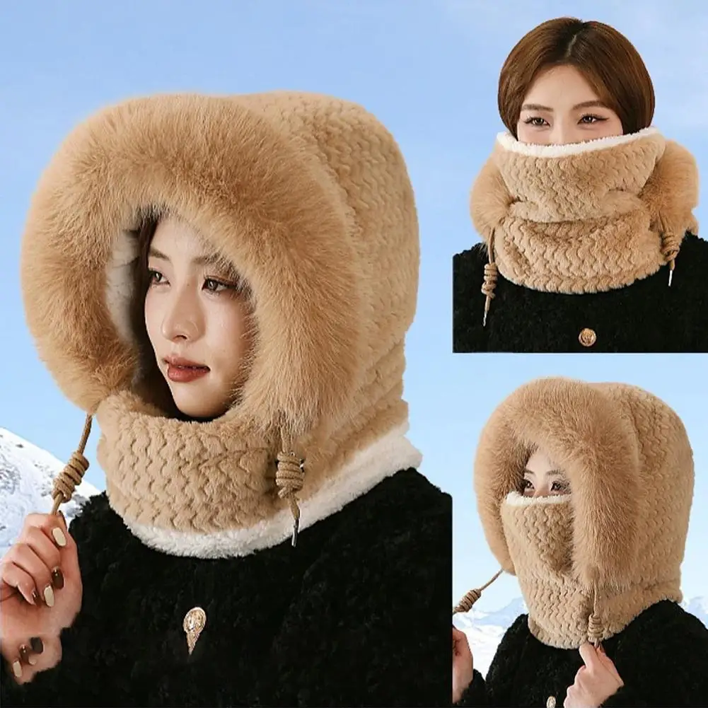 NEW Winter Plush Hat for Women Warm Thick Hood with Scarf Mask Ear Protection Windproof Thermal Cap for Outdoor Cycling Riding