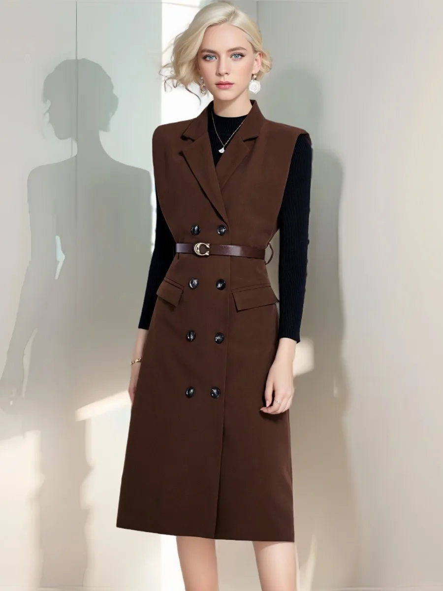 Autumn Winter Women's Sleeveless Notched Collar Double-Breasted Office Blazer Midi Dress With C Letter Belted And Knitted Top