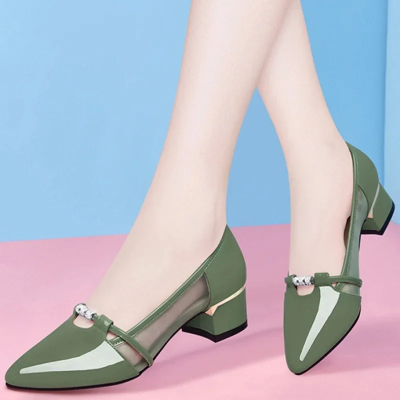 2023 Zapato Negro Tacon Women Cute Sweet High Quality Green Slip on Heel Pumps for Party Ladies Casual Comfort Shoes