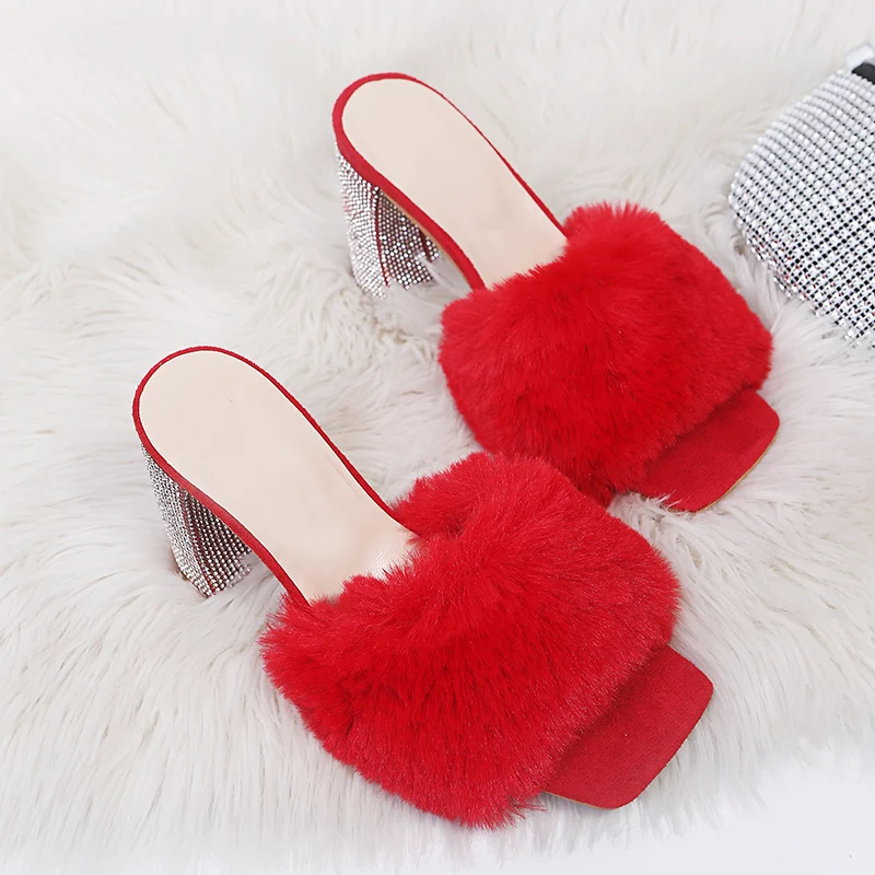 Slippers Women Luxury Heels Stripper Shoes Chunky Sandals Elegant Sexy Furry Rhinestone Apartments Party Plus Size Autumn Winter