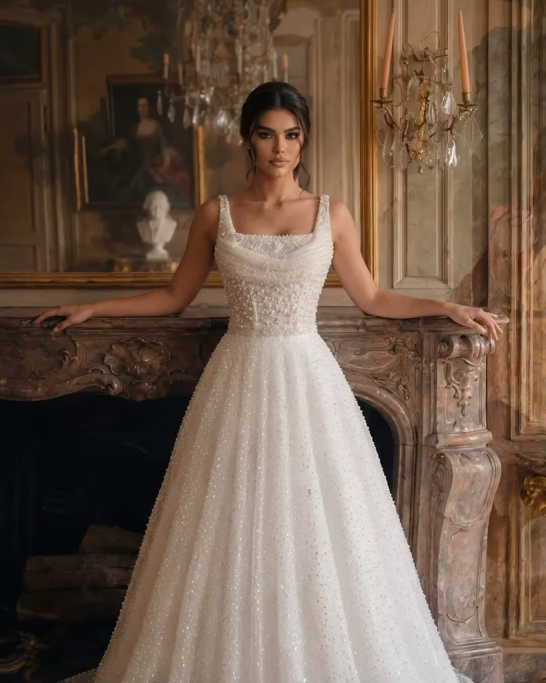 Sparkly Beaded A-Line Wedding Dress Bridal Gown Square Neck Sleeveless Court Train Princess highend Customized Vestidos De Novia