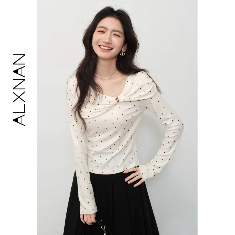 ALXNAN Apricot Polka Dot T-shirt Women 2026 Autumn Elegant Twist Long Sleeve Pullover Fashion Casual Tops Female L57026 L56859
