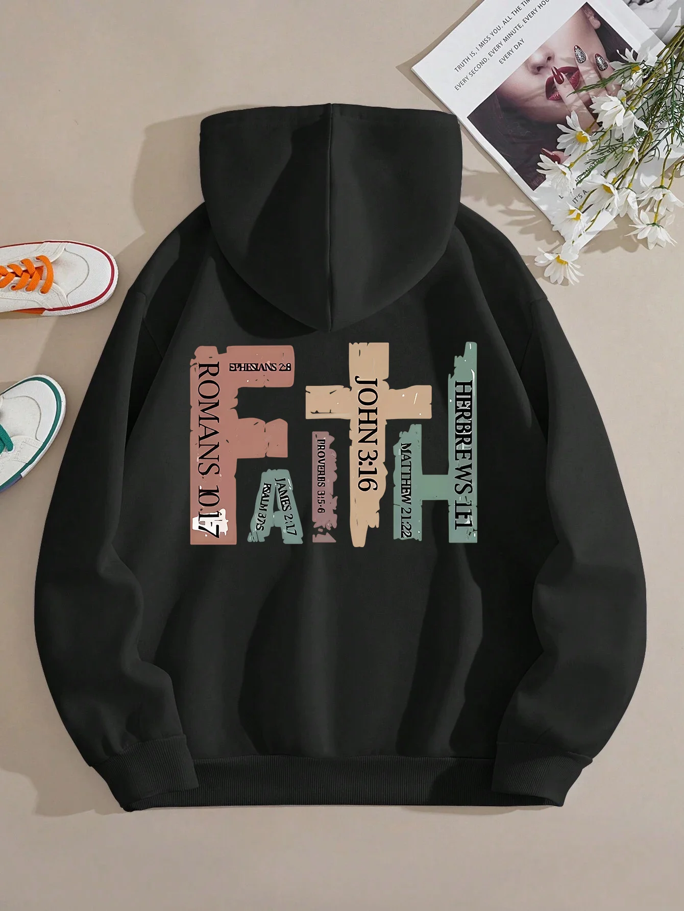 

Faith Print Kangaroo Pocket Hoodie, Casual Long Sleeve Drawstring Hoodies Sweatshirt, Women's Clothing
