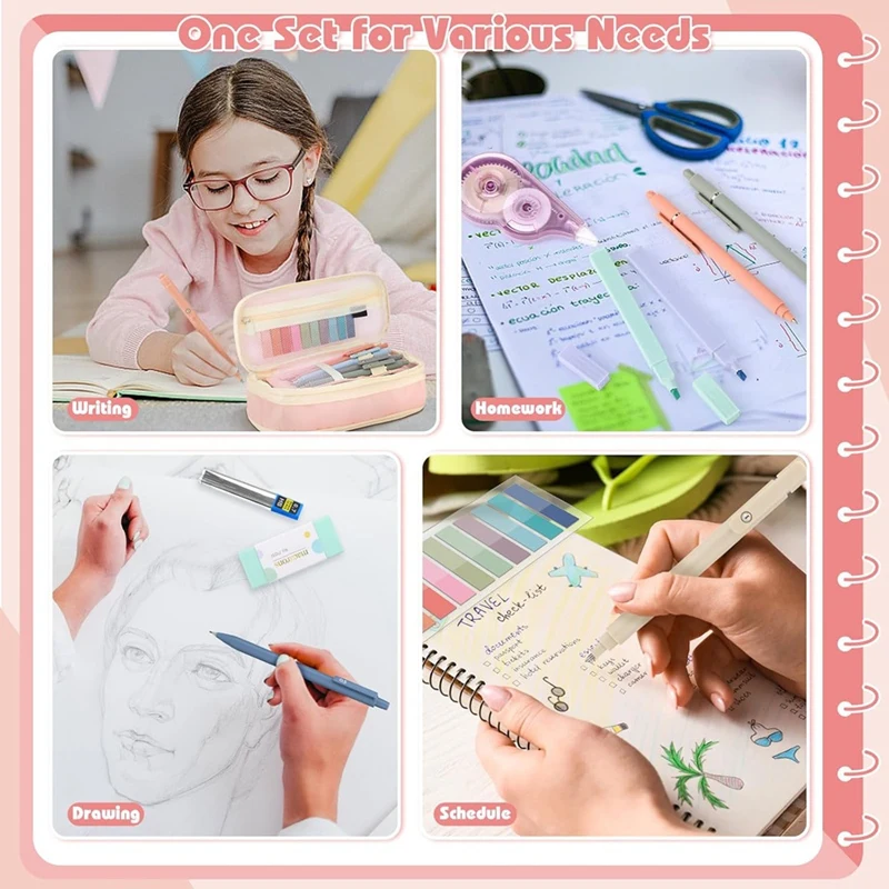 49 قطعة من اللوازم المدرسية الجمالية مع مقلمة وردية، لمجموعة قرطاسية للطلاب