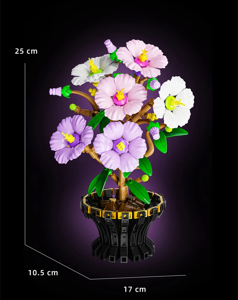 Kreativer Hibiskus-Pflaumenblüten-Blumenstrauß im Topf, Bausteine, Kranichblume, Heim-Pflanzendekoration, Zusammenbaubare Bausteine, Spielzeug, Geschenk für Erwachsene – Detail 11