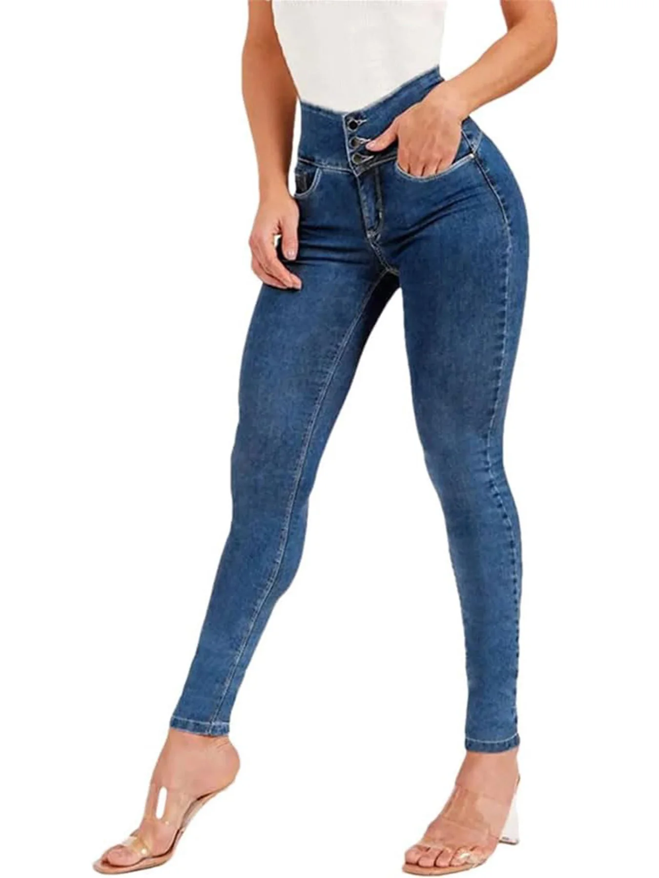 Jean skinny à la mode, jean taille moyenne pour femme, jean bleu foncé pour femme, moulant sexy aux hanches, style basique, adapté à tous, automne n