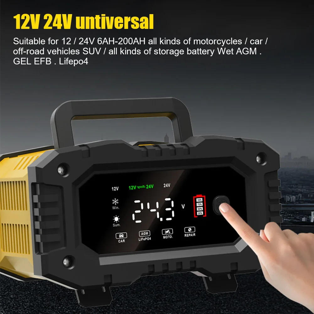 Ręczna ładowarka 12V-24V do akumulatorów AGM GEL SLA LiFePO4 Smart Battey 7-stopniowa ładowarka samochodowa do akumulatorów motocyklowych