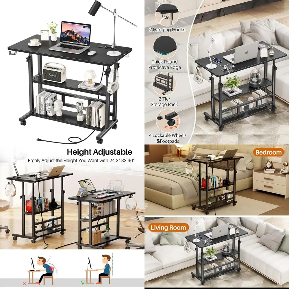 مكتب قائم مريح قابل للتعديل مع منافذ طاقة، مكتب كمبيوتر محمول مدمج مع مساحة تخزين، محطة عمل محمولة 31.5 (أسود)