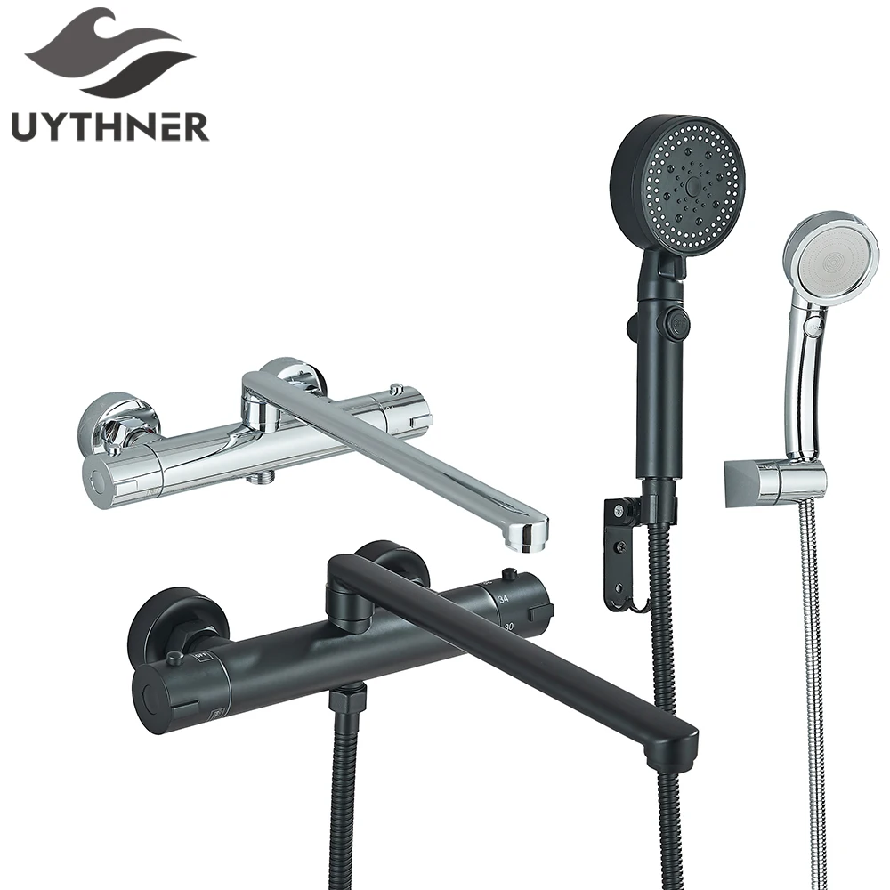 thermostatic-shower-set-black-chrome-wall-mounted-bath-shower-faucet-mixer-valve-30cm-long-spout-bathtub-tap-plastic-handshower