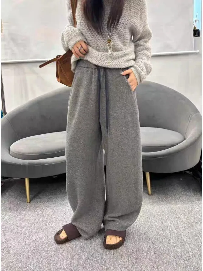 iny Fce Lined Wide Leg Floor Length Pants Casual Bright Sequin Autumn Winter Sle Comfortable Breathable Women's Trousers