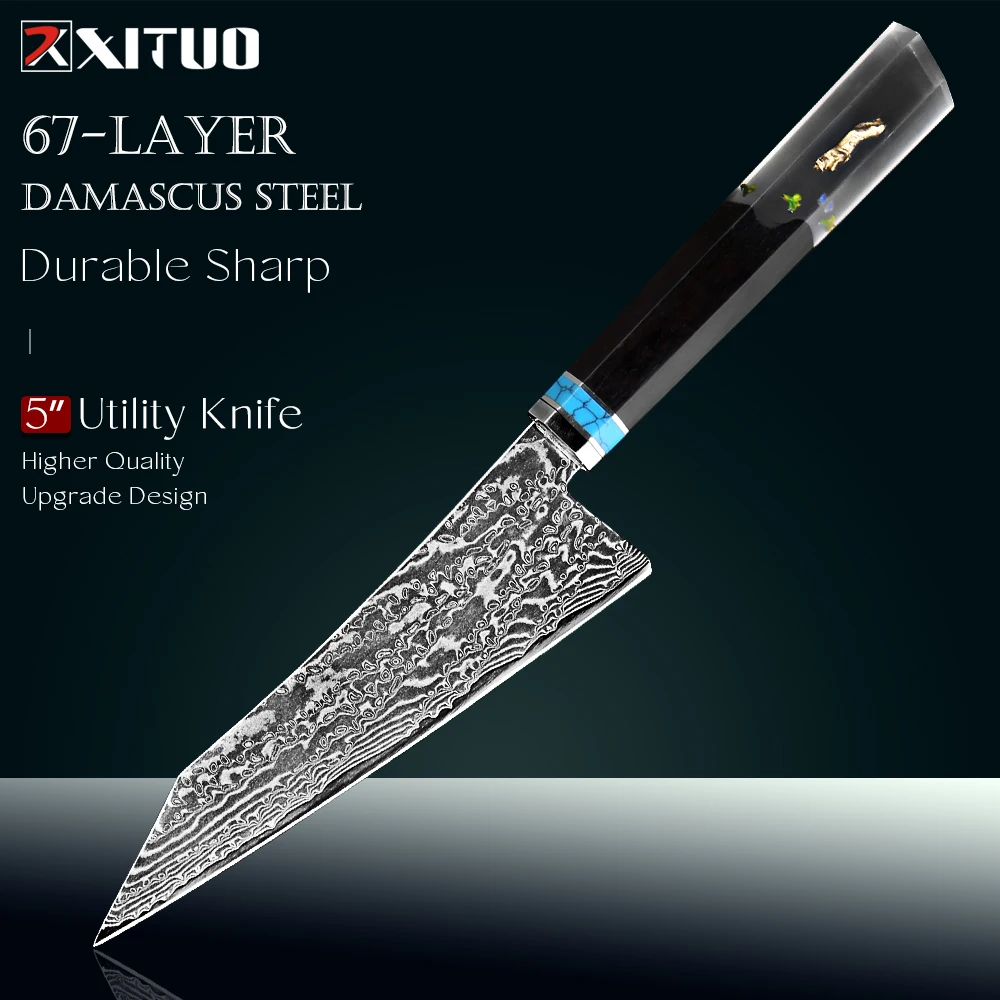 

Damascus Utility Knife 5 Inch, Japanese Damascus Kitchen Petty Knife,Professions Cutting Fruit Carving Chef’s Paring Knives