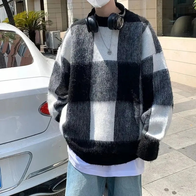 

New Men's Autumn and Winter Knitting Plaid Sweater Loose Casual Trend Cotton Knitwear Warm Pullover blusa masculina inverno