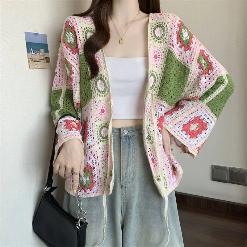 

Chinese Style Cardigan New Spring Autumn Hollow Loose Crochet Knitted Jacket Top Traditional Clothing Blouse Women Clothes Shirt