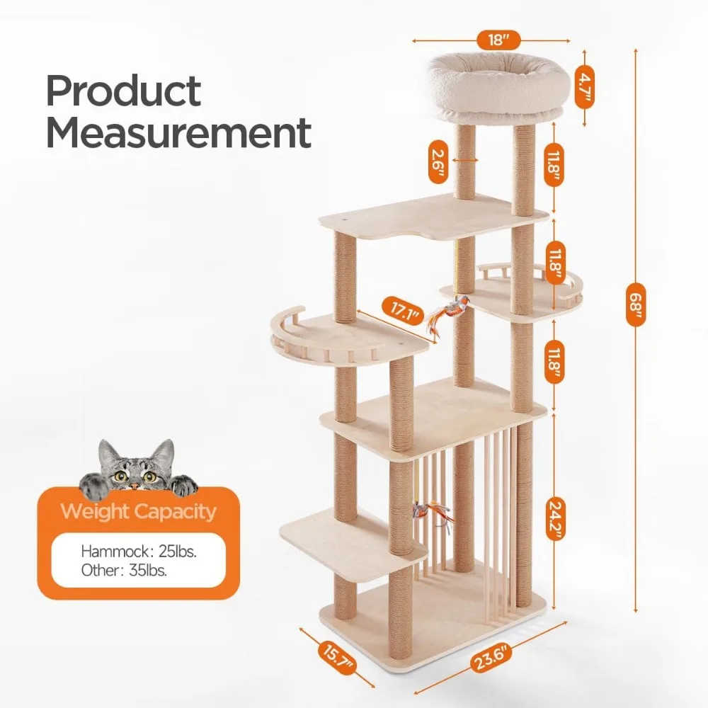 Grote krabpaaltoren, 68 inch hoog massief houten kattenhuis voor binnen, meubelactiviteitencentrum op meerdere niveaus met brede basis