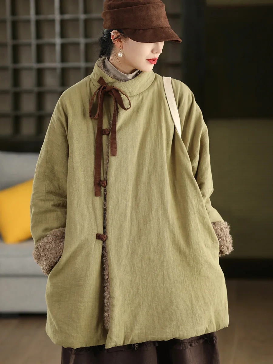 

Retro Lapel Belted Buttoned Cotton Linen Jaet Lamb Fur Lined Mid-Length Warm Winter Coat Women's Faion Cotton Outerwear