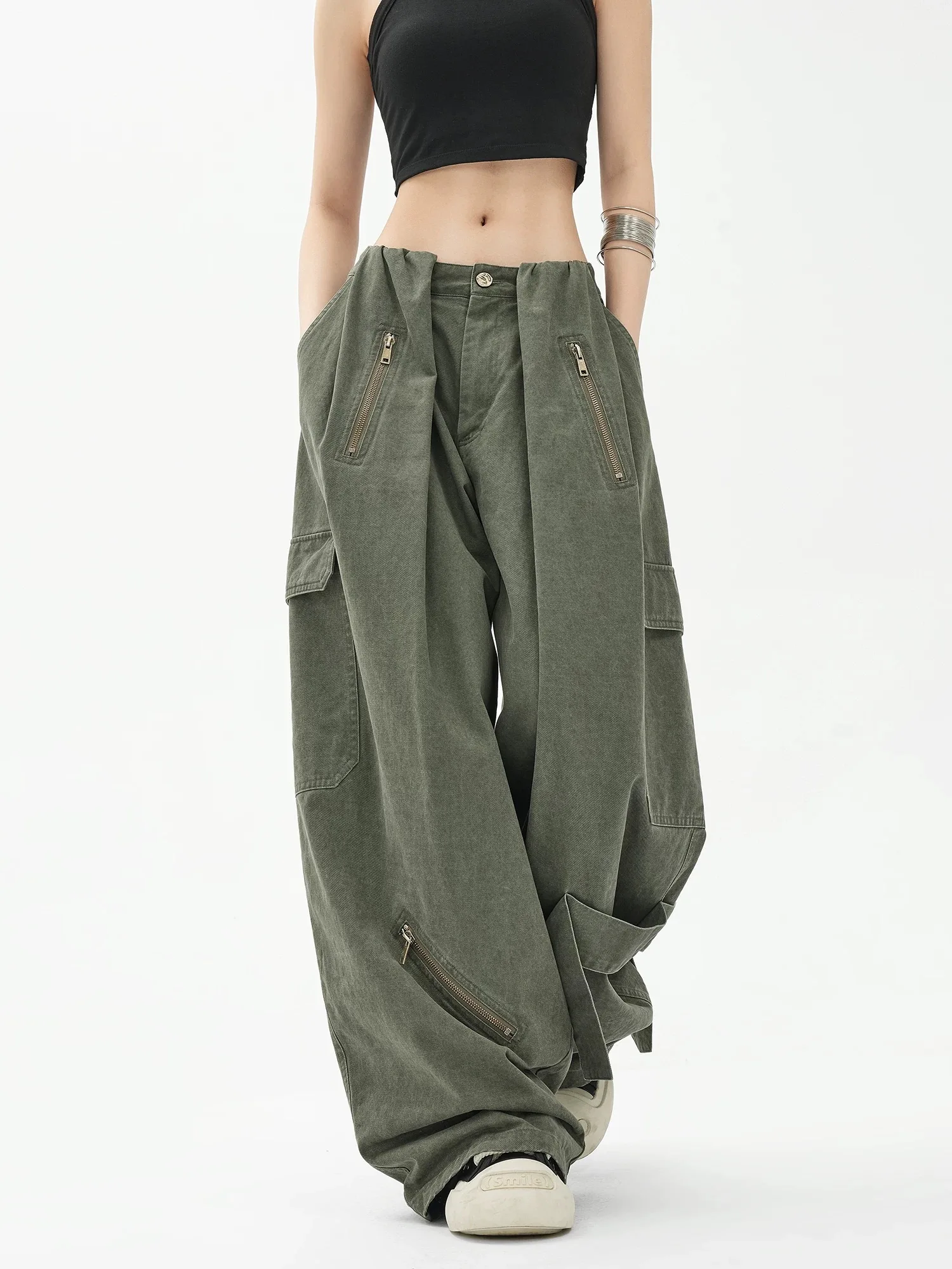 

Women's Army Green Zipper Multi-Pocket Asymmetrical Working Pants American Street High Waist Loose Straight-Lead Mopping Pants